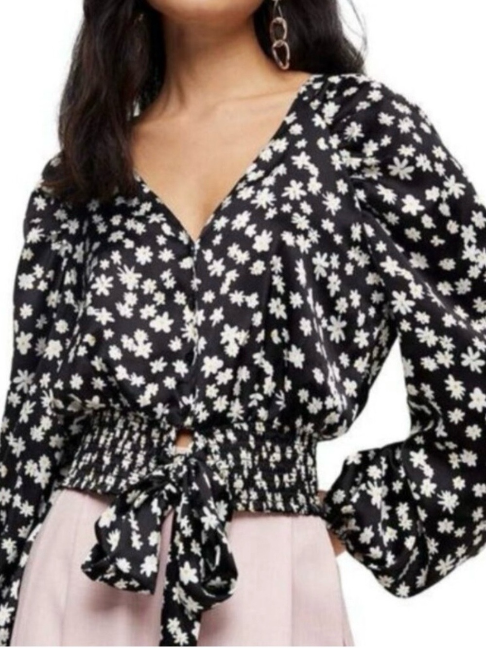 Topshop Black and White Floral V-Neck Smocked Tie-Waist Blouse
